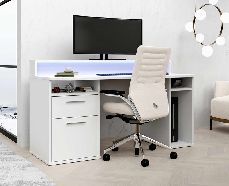 Gaming Tisch TEZAUR 3B Gamer Computertisch Weiß mit LED-Beleuchtung