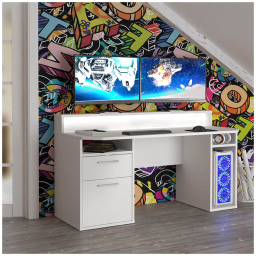 Gaming Tisch TEZAUR 3B in Gesamtansicht mit weißer Tischplatte, integrierten Schubladen und blauer LED-Beleuchtung.