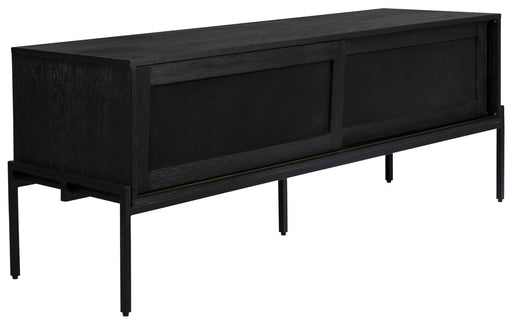 Sideboard HARDY BLACK EICHE in Schwarz mit zwei Schiebetüren und Metallbeinen, Gesamtansicht.