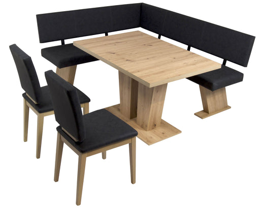 Eckbankgruppe VERONA 150 x 181 cm mit Eckbank und Stühlen in Artisan Eiche und anthrazit von vorne.