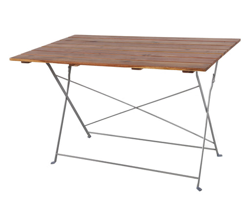 Biergarten Tisch Gartentisch 120 x 60 cm Akazie mit Holzplatte und silbernem Metallgestell in Gesamtansicht.