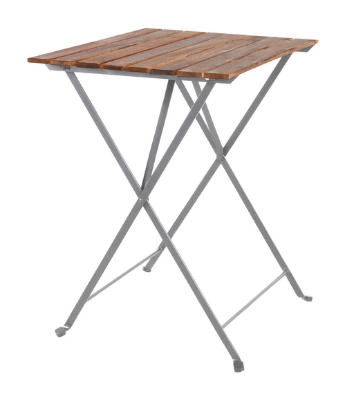 Biergarten Tisch Gartentisch Klapptisch 70 x 70 cm Akazie in Gesamtansicht mit Akazienholzplatte und silbernem Metallgestell.