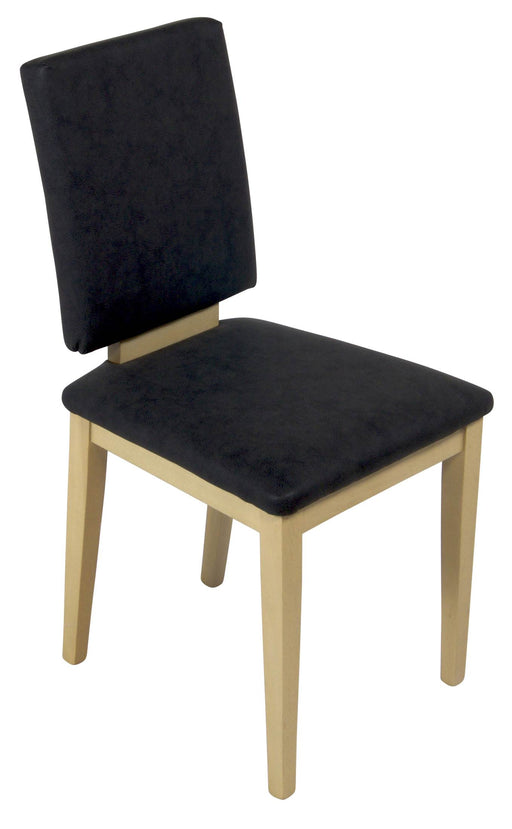 Stuhl VERONA mit schwarzem Polsterbezug und hellem Holzgestell in Gesamtansicht.