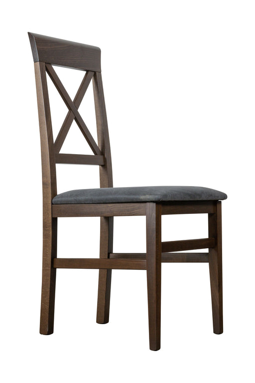 Stuhl MILANO 2er Set mit dunkelbraunem Holzgestell, X-förmiger Rückenlehne und grauer Polsterung, Gesamtansicht.