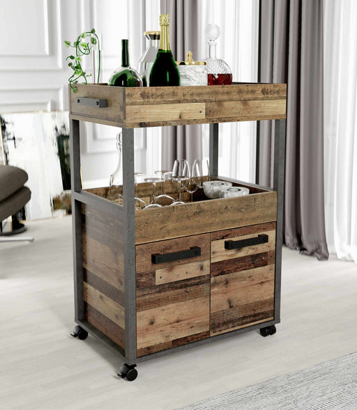 Barwagen Rollwagen HOME BAR 201 Optik Old Wood Vintage in Gesamtansicht mit zwei Etagen, Schubladen und Rollen.