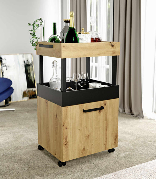 Rollwagen Barwagen HOME BAR 202 in Artisan-Eiche und Schwarz mit zwei Ablageflächen, Gesamtansicht.