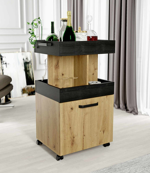 Servierwagen HOME BAR 203 in Artisan Eiche und Schwarzeiche mit schwarzen Rahmen, darauf Flaschen und Gläser.