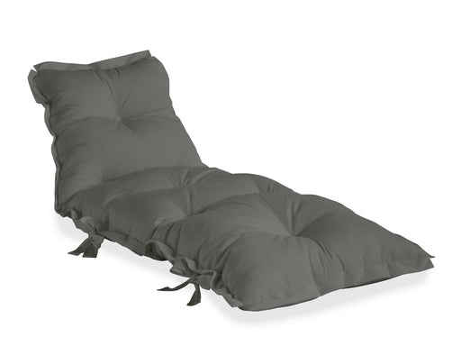 Outdoor-Polster Futonmatratze SIT and SLEEP OUT in Gesamtansicht mit hochgeklapptem Kopfteil und ausgebreiteter Liegefläche.