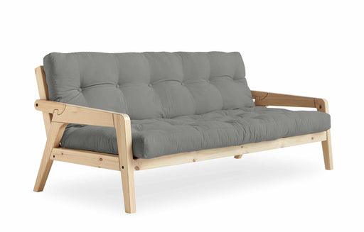 Gesamtansicht des Sofabetts GRAB mit Kieferholzgestell und grauer gepolsterter Sitzfläche sowie hochgepolsterter Rückenlehne.