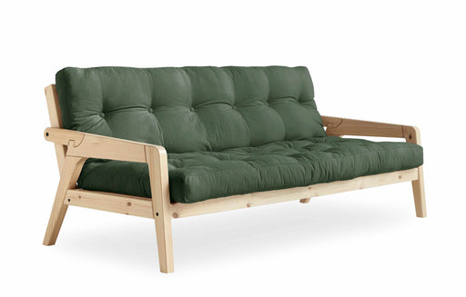 Sofabett Schlafsofa GRAB mit Kiefernholzgestell und grünem Polster in Gesamtansicht von der Seite.
