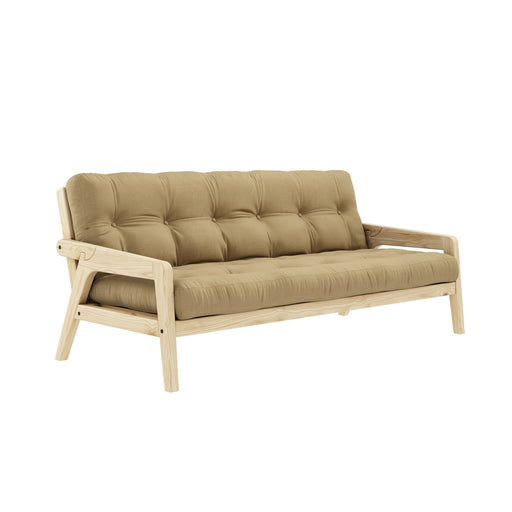 Sofabett Schlafsofa GRAB mit Kiefernholzgestell und beigem Polster in Gesamtansicht.
