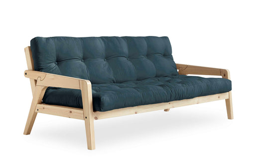 Sofabett Schlafsofa GRAB mit Gestell aus Kiefer und dunkelblauer Polsterung in Gesamtansicht von vorne.