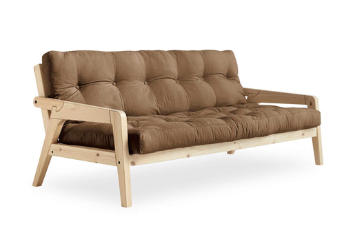 Sofabett Schlafsofa GRAB mit Kiefernholzgestell und hochklappbarer Rückenlehne, beige Polsterung, Gesamtansicht von vorne.