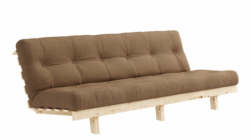Klappcouch LEAN Funktionssofa mit taupe Polsterung und Kiefer-Massivholzgestell in Gesamtansicht von vorne.