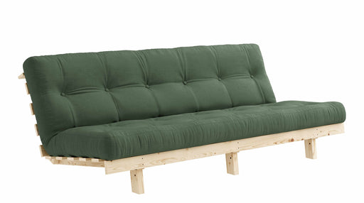 Klappcouch LEAN Funktionssofa in Gesamtansicht mit grünem Bezug und Kiefer-Massivholzgestell in Natur.
