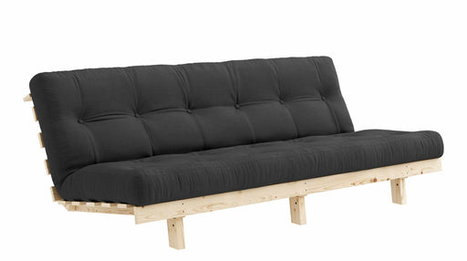 Klappcouch LEAN Funktionssofa mit schwarzem Polster und hellem Kiefernholzgestell in Gesamtansicht.