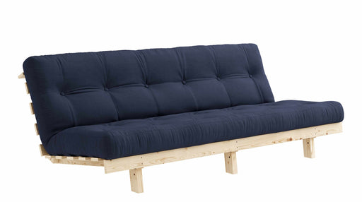 Klappcouch LEAN Funktionssofa mit dunkelblauem Polster und Kiefer-Holzgestell in Gesamtansicht von vorne.