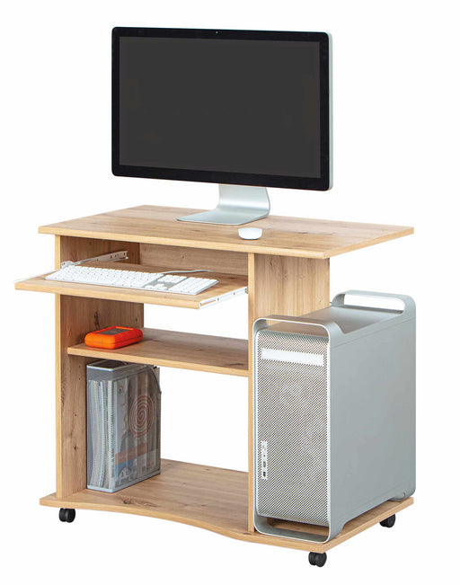 Schreibtisch ADDU, kleiner Computertisch mit Rollen in Artisan Eiche, Gesamtansicht mit ausziehbarer Tastaturablage.