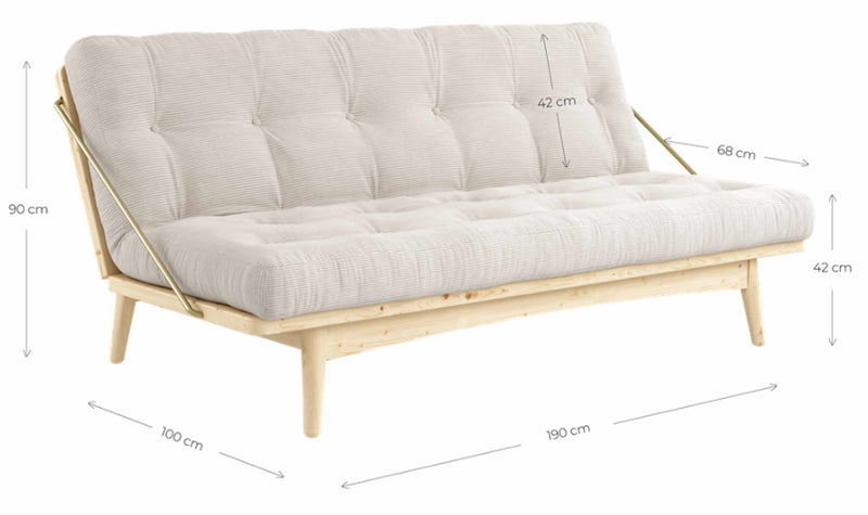 Klappcouch Sofa FOLK mit Klappfunktion Kiefer natur mit Polsterauflage