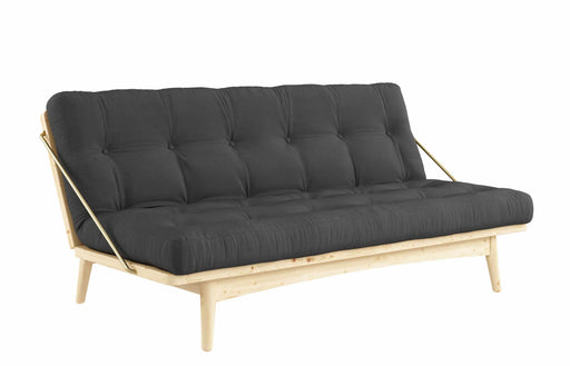 Klappcouch Sofa FOLK mit Klappfunktion Kiefer natur lackiert, Gesamtansicht mit schwarzem Polster und Holzgestell.