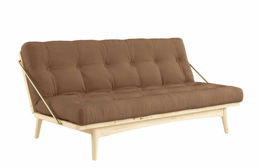 Klappcouch Sofa FOLK mit Klappfunktion Kiefer natur lackiert, Gesamtansicht von vorn mit braunem Polster und Holzgestell.