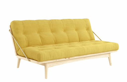 Karup Klappcouch Funktionssofa FOLK mit gelbem Cordbezug und Kiefer-Gestell in Gesamtansicht von vorne.