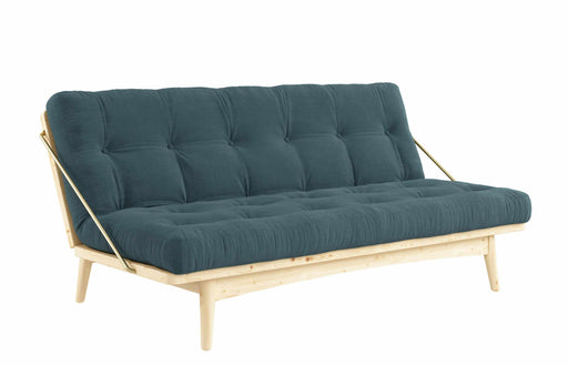 Karup Klappcouch Funktionssofa FOLK in Gesamtansicht mit Cord-Bezug in Blaugrün und Kiefer-Holzrahmen.
