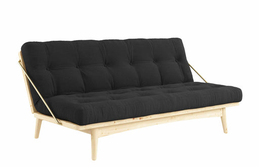 Karup Klappcouch Funktionssofa FOLK mit schwarzem Cordbezug und Kiefernholzgestell in Gesamtansicht von vorne.