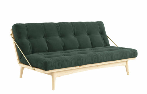 Gesamtansicht des Karup Klappcouch Funktionssofa FOLK mit grünem Cordbezug und Kiefernholzrahmen, Seitenansicht.