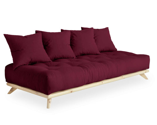 KARUP Sofa SENZA DAYBED Liege Tagesbett Kiefer 90 x 200 in Bordeaux mit Holzgestell, Gesamtansicht von vorne.