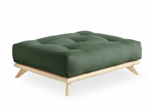 Hocker SENZA Polsterhocker mit grünem Polster und Kiefer-Gestell in Gesamtansicht.