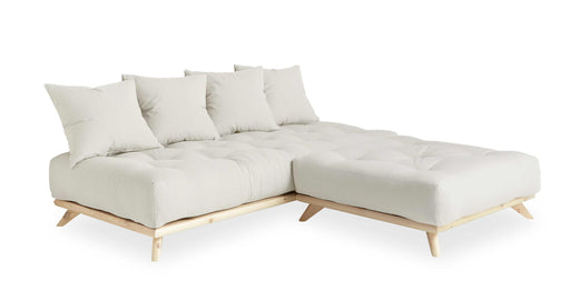 Ecksofa SENZA Sofa aus DAYBED mit Hocker in Creme, Gestell Kiefer natur, Gesamtansicht von vorne.