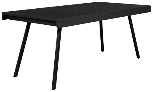 Design Esstisch SURI BLACK 160 x 78 cm mit schwarzer Recycled-Teak-Platte und schlankem Metallgestell in Gesamtansicht.