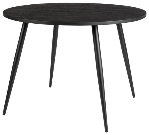 Esstisch MO BLACK 110 cm mit runder schwarzer Platte und vier schlanken Beinen in Gesamtansicht.