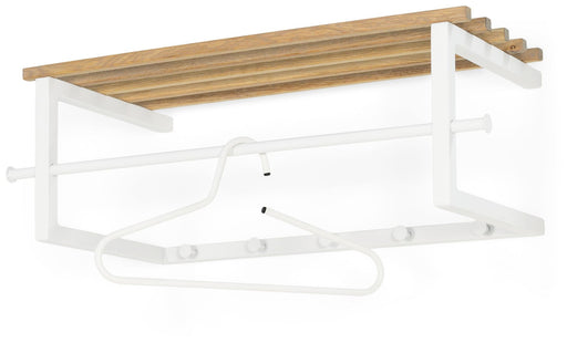 Garderobe Wandgarderobe MARCO mit weißem Stahlgestell, Hutablage Natur und Kleiderstange, Gesamtansicht.