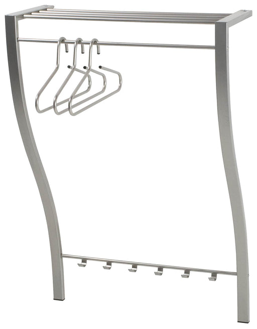 Design Wandgarderobe CARVE 1 mit vernickeltam Stahlrohr, gebogenen Seitenprofilen und drei Metallbügeln in Gesamtansicht.