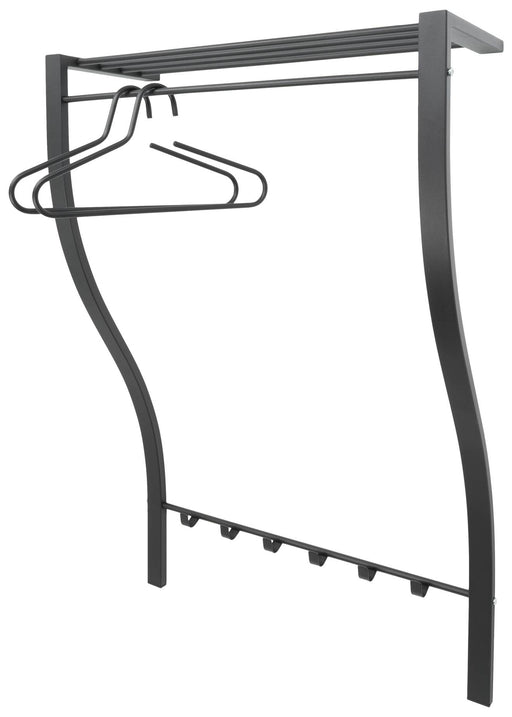 Gesamtansicht der Design Wandgarderobe CARVE 1 Schwarz mit geschwungenen Profilen und horizontalen Aufhängestangen.