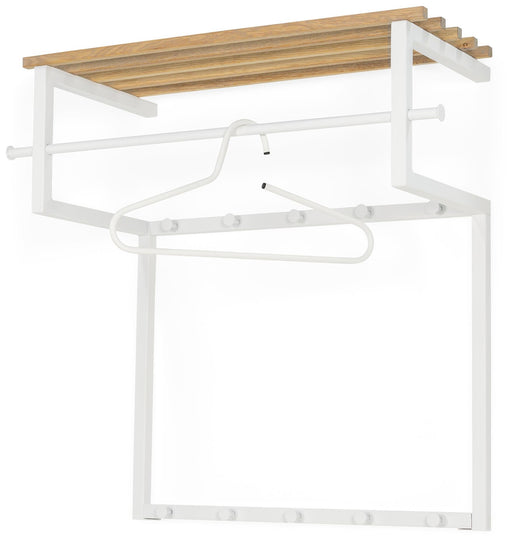 Garderobe Wandgarderobe RIZZOLI Weiß mit Ablage aus Eiche in Gesamtansicht mit weißem Metallgestell und Holzoberbau.