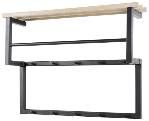 Garderobe Wandgarderobe RIZZOLI XS Schwarz mit Ablage in Gesamtansicht, schwarzes Stahlgestell und Massivholzablage.