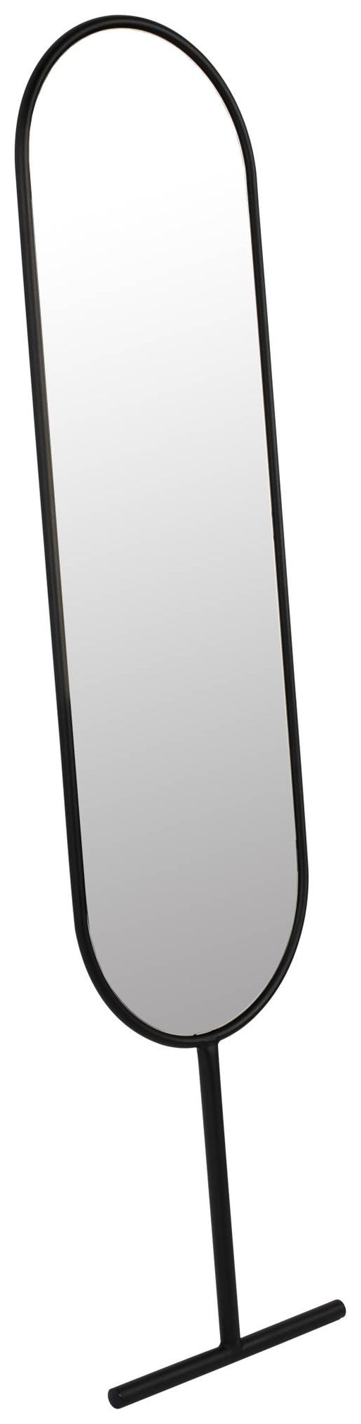 Standspiegel MIRROR TESS BLACK mit schwarzem Metallrahmen und ovalem Spiegelformat, Gesamtansicht.