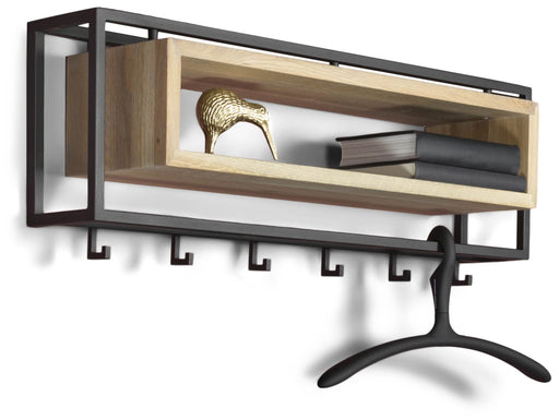 Garderobe Wandgarderobe SCHOOL 80 mit Ablage in Eiche und schwarzem Stahlrahmen, Gesamtansicht von vorn.