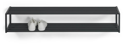 Schuhregal SCHOOL SR 120 aus schwarzem Metall mit zwei Abstellflächen in Gesamtansicht.
