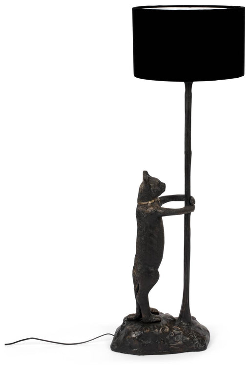 Stehleuchte Katze NO GIRLFRIEND NO PROBLEM mit aufsteigender Katzenfigur und schwarzem Schirm, Gesamtansicht.