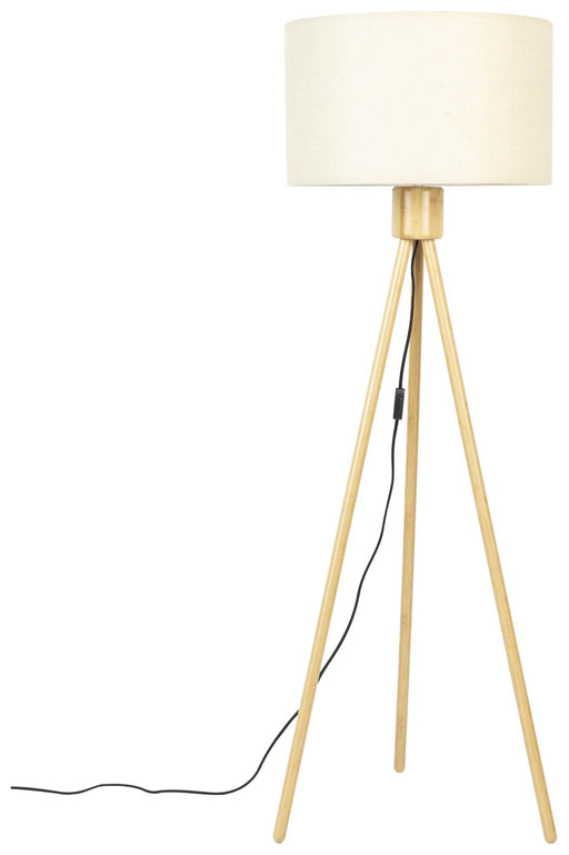 Stehleuchte TRIPOD LAMP FAN mit dreibeinigem Bambusfuß und cremefarbenem Juteschirm, Gesamtansicht.