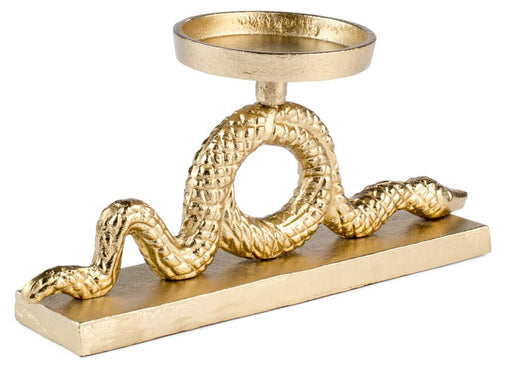 Kerzenständer Schlange KEEP THE SNAKES AWAY BLOCK Gold mit gewundener Schlangenfigur und flacher Schale.