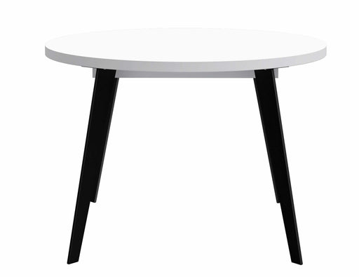 Esstisch TABLE ROUND 110 - 155 cm mit weißer Tischplatte und schwarzen Metallfüßen in Gesamtansicht.