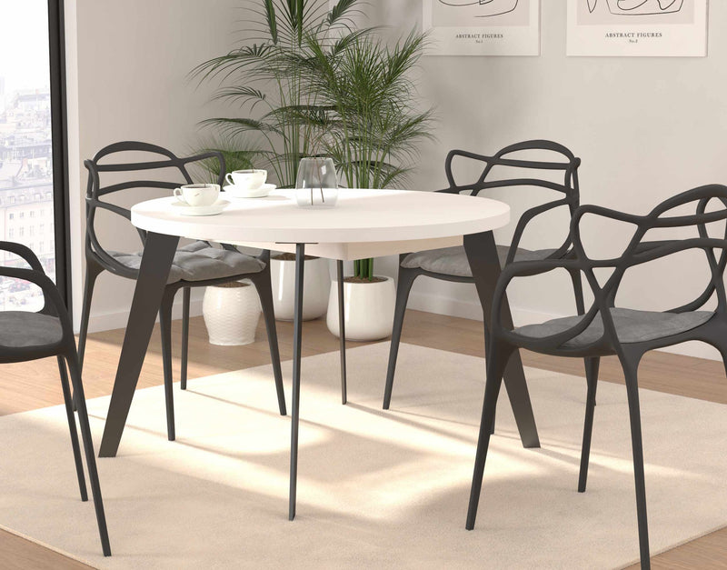 Esstisch Ausziehtisch TABLE ROUND 110 - 155 cm Weiß Metallfüße schwarz