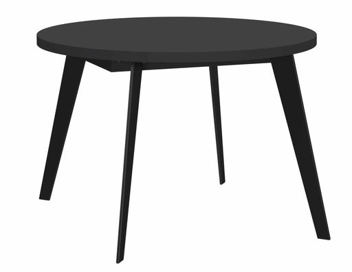Gesamtansicht des Esstisch Ausziehtisch TABLE ROUND 110 - 155 cm mit runder schwarzer Tischplatte und vier schrägen Beinen.
