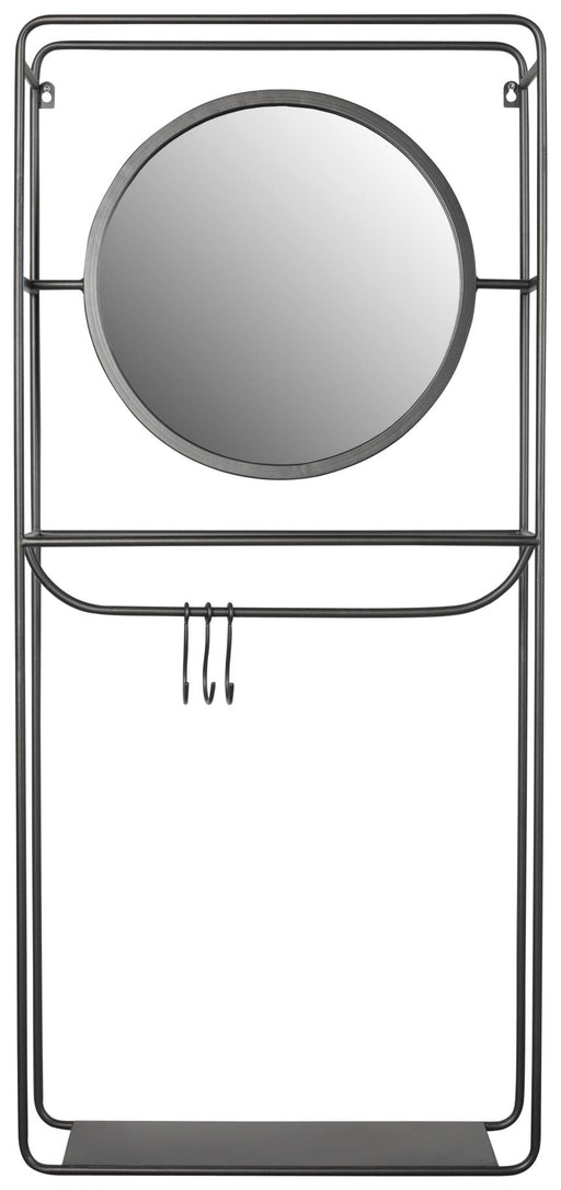 Gesamtansicht des Garderobenspiegel Wandspiegel DUCO mit rundem Spiegel in Metallrahmen und rechteckiger Ablagefläche unten.