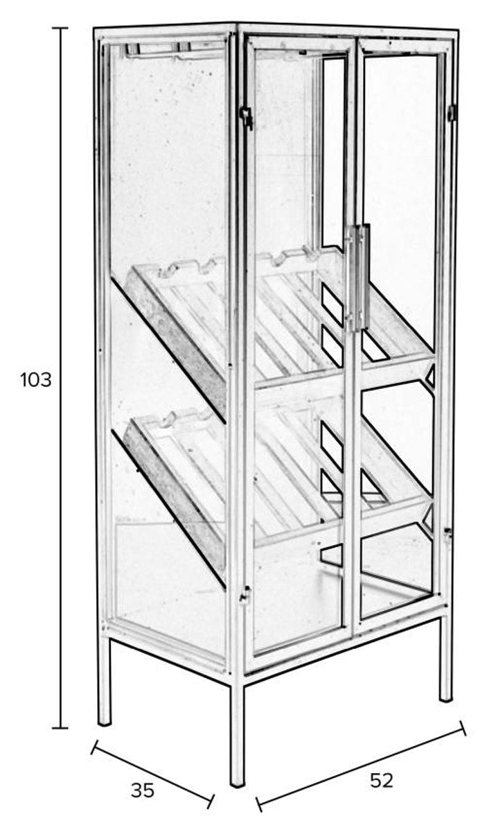 Technische Zeichnung des Weinschrank Weinregal ROB Vitrine aus Metall im Vintage Style mit Seitenansicht und Maßangaben.